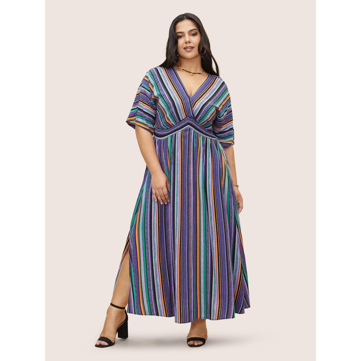 Plus Size Striped Contrast Dolman Sleeve Shirred Pocket Split Flutter Dress Mauve Women Resort Non V-neck Half Sleeve Curvy BloomChic 26/4X Product Image