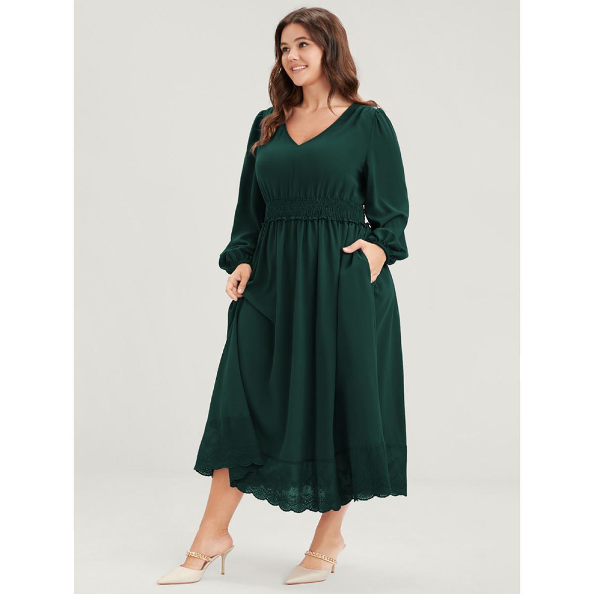 Plus Size Solid Pocket Lantern Sleeve Patchwork Ruffled Shirred Dress DarkGreen Women Elegant Plain V-neck Long Sleeve Curvy Midi Dress BloomChic 26/4X Product Image