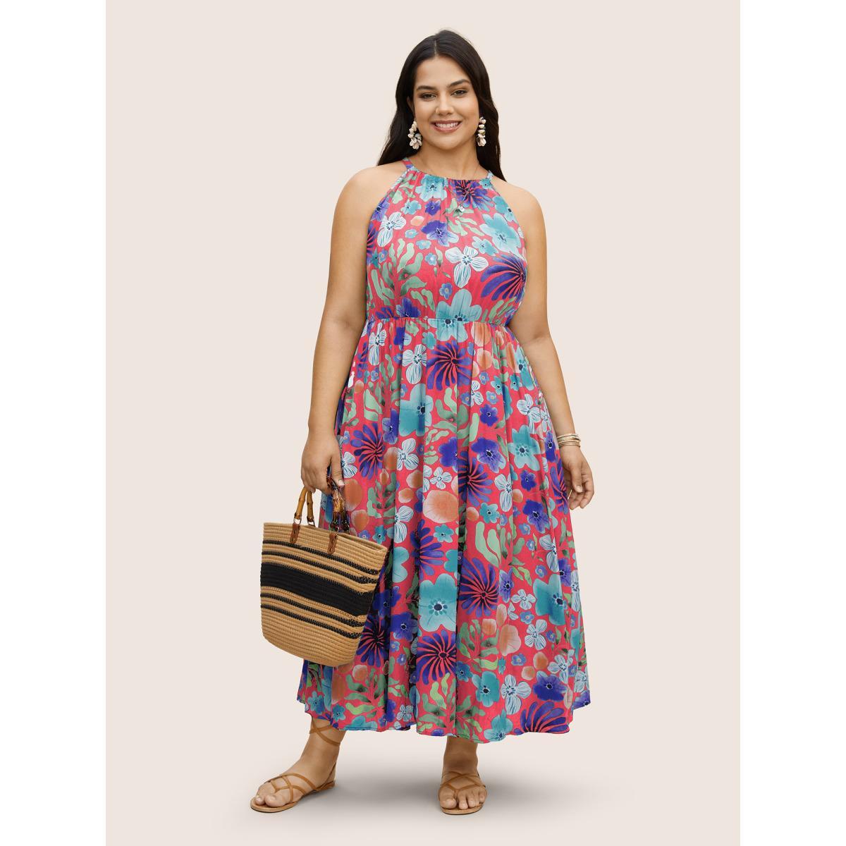 Plus Size Floral Printed Patchwork Side Seam Pocket Dress Brightred Women Resort Gathered Non Sleeveless Curvy BloomChic 28/5X Product Image