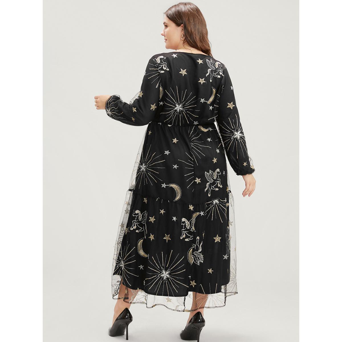 Plus Size Moon And Star Pocket Lantern Sleeve Embroidered Mesh Dress Black Women Party Round Neck Long Sleeve Curvy Long Dress BloomChic 12/L Product Image