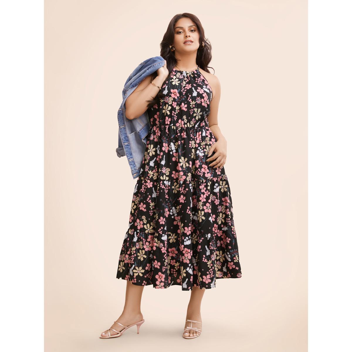 Plus Size Floral Halter Neck Ruffle Hem Dress Black Women Elegant Gathered Halter neck Sleeveless Curvy BloomChic 30/6X Product Image