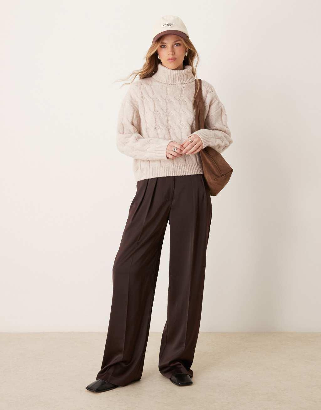 Miss Selfridge cable high neck cozy knit sweater in oatmeal Product Image