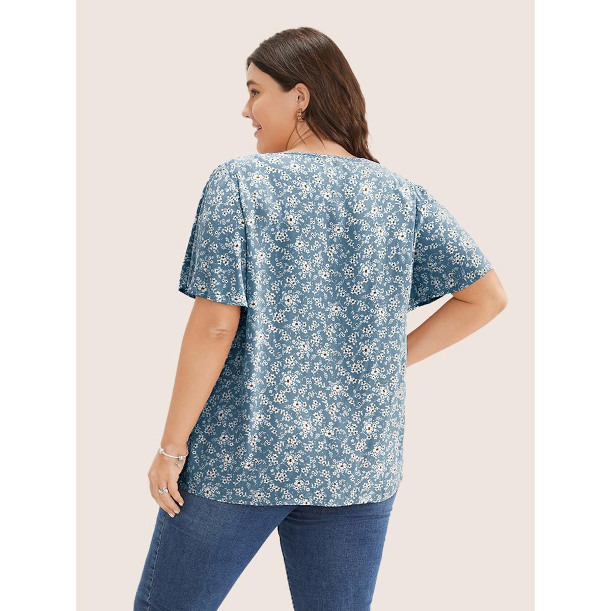 Plus Size Stone Ditsy Floral Contrast Ruffle Sleeve Button Detail Blouse Women Elegant Short sleeve Non Everyday Blouses BloomChic 22-24/3X Product Image