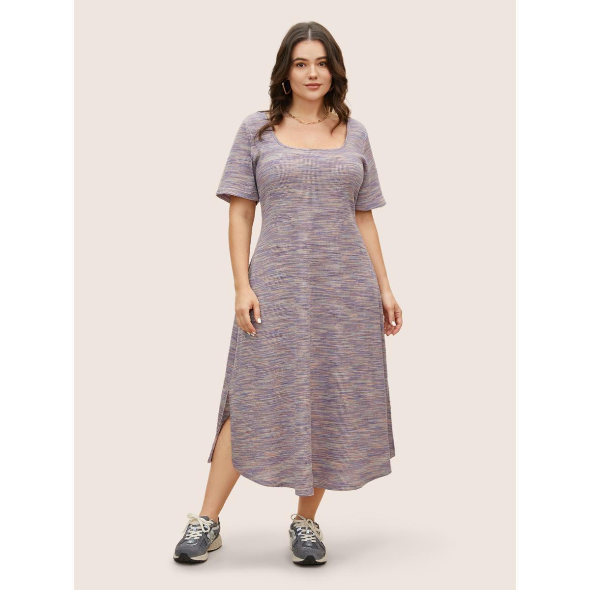 Plus Size Textured Waffle Knit Crisscross Split Side Dress Mauve Women Casual Texture Square Neck Short sleeve Curvy BloomChic 18-20/2X Product Image