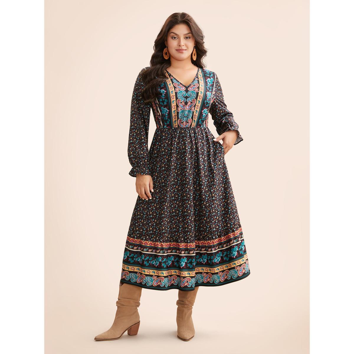 Plus Size Boho Print V Neck Elastic Waist Dress Black Women Resort Frill Trim V-neck Long Sleeve Curvy BloomChic 26/4X Product Image