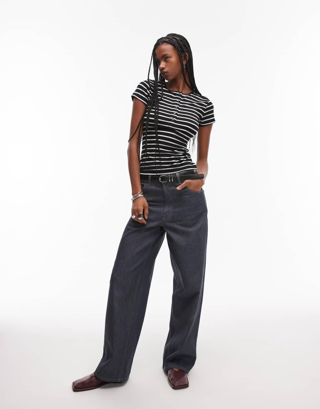 Topshop short sleeve henley top in mono stripe Product Image