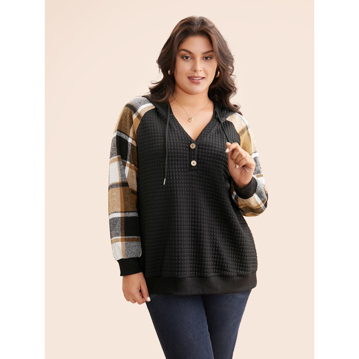 Plus Size Plaid Patchwork Hooded Raglan Sleeve Sweatshirt Women Black Casual Texture Hooded Everyday Sweatshirts BloomChic 22-24/3X Product Image