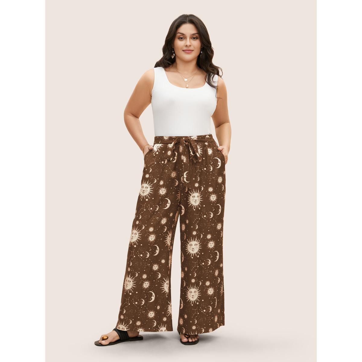 Plus Size Silhouette Floral Print Ties Side Seam Pocket Pants Women Yellowishbrown Elegant Wide Leg High Rise Everyday Pants BloomChic 30/6X Product Image
