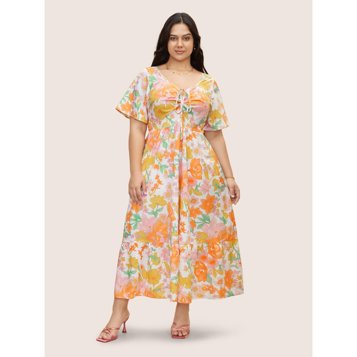 Plus Size V Neck Floral Drawstring Maxi Dress Multicolor Women Elegant Drawstring V-neck Short sleeve Curvy BloomChic 14-16/1X Product Image