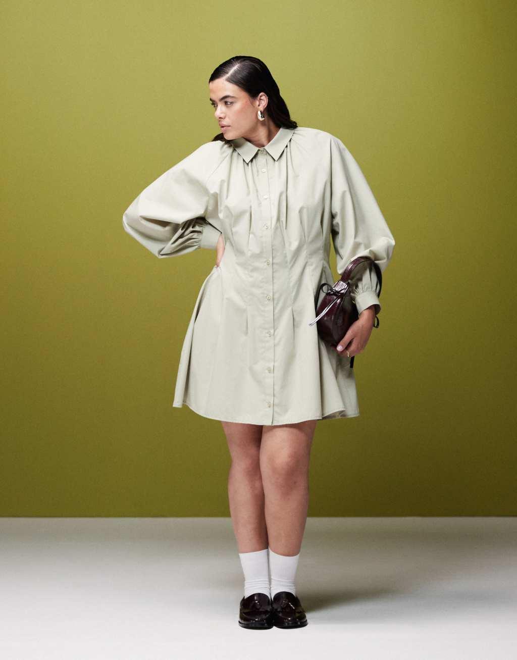 ASOS DESIGN Curve nipped waist mini shirt dress with pintucks in olive green Product Image