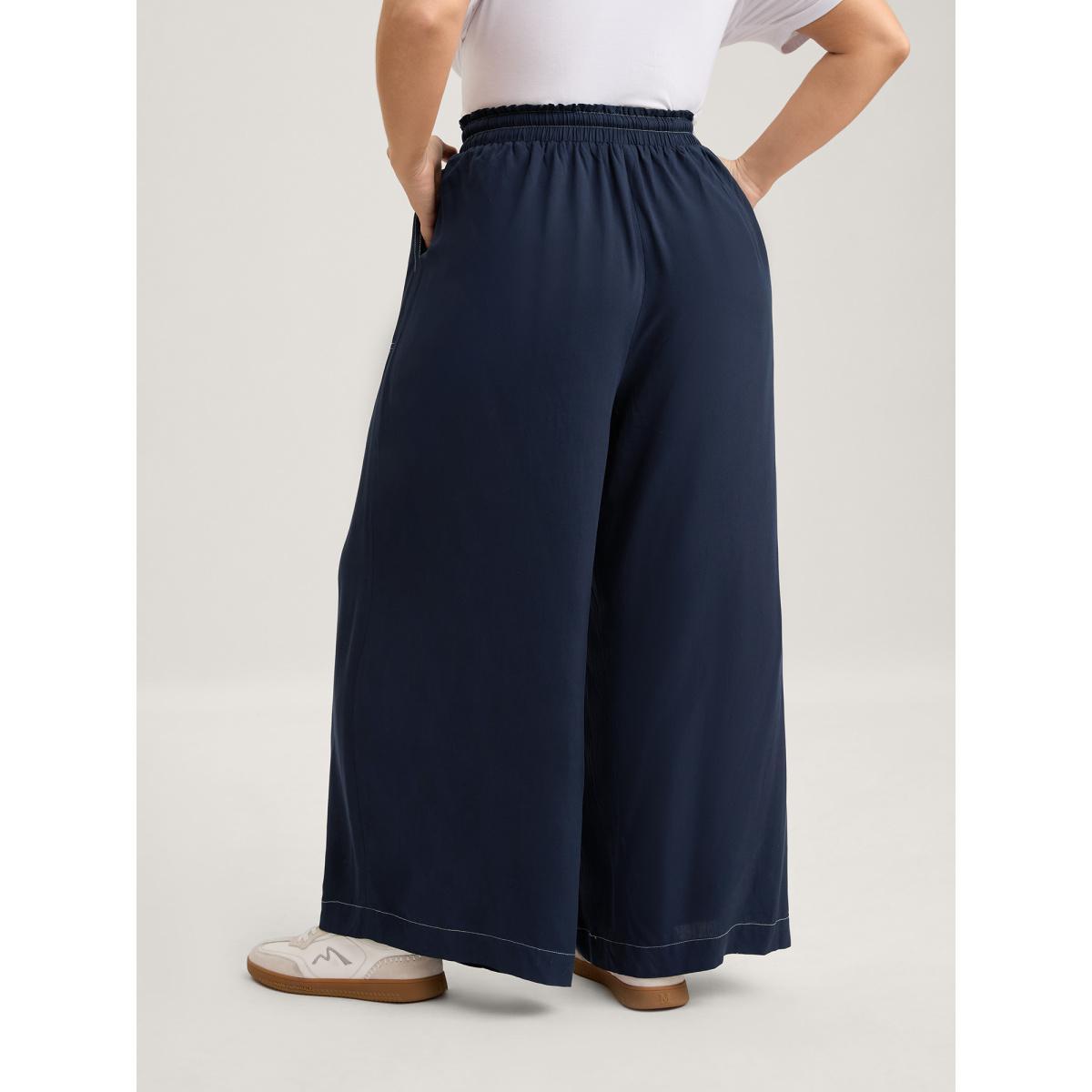 Plus Size Contrast Thread Detail Wide-Leg Pants Women Indigo Casual Loose Mid Rise Everyday-Casual Pants BloomChic 22-24/3X Product Image