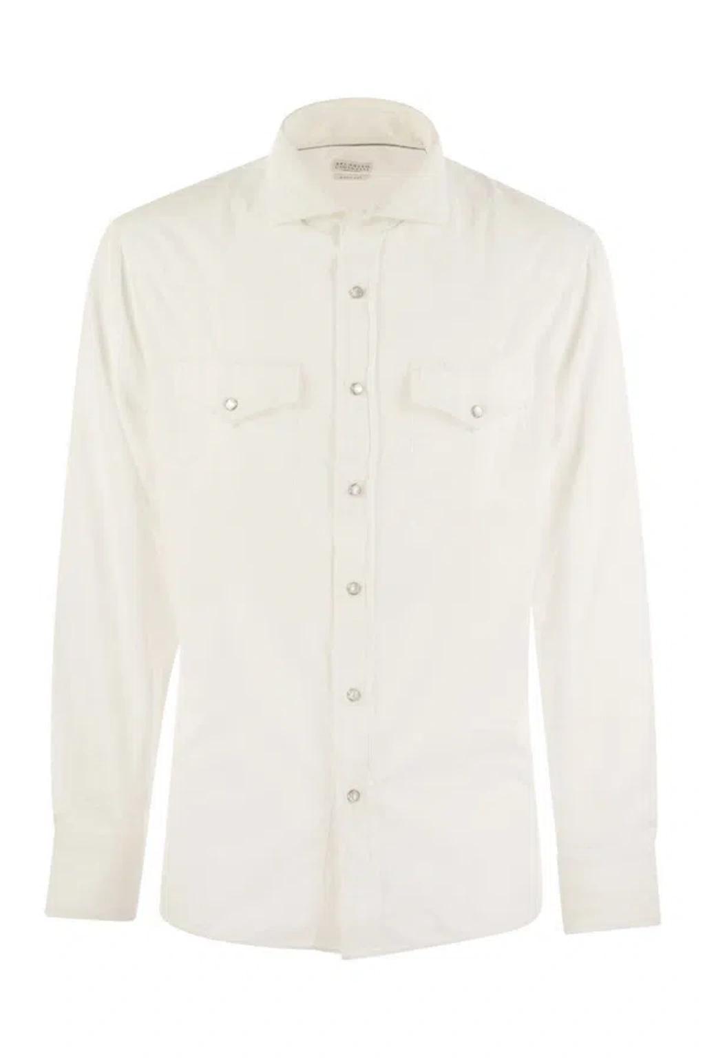 BRUNELLO CUCINELLI Garment-dyed Corduroy Easy-fit Shirt With Press Studs, Epaulettes And Pockets In Navy Blue Product Image