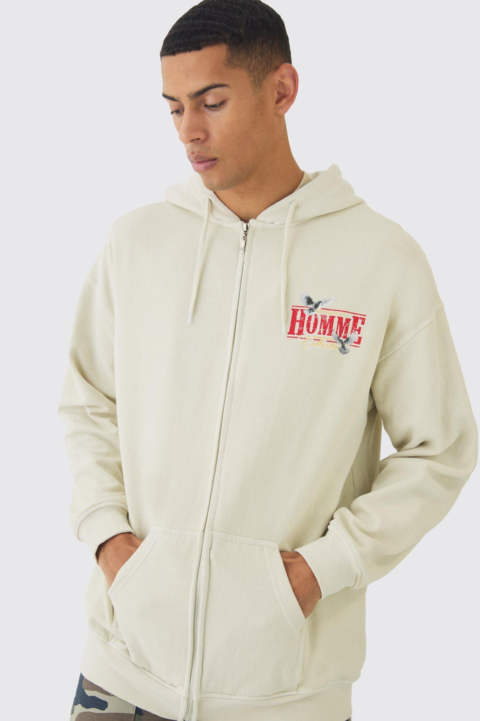 Regular Fit Homme Dove Printed Zip Through Hoodie | boohooMAN USA Product Image