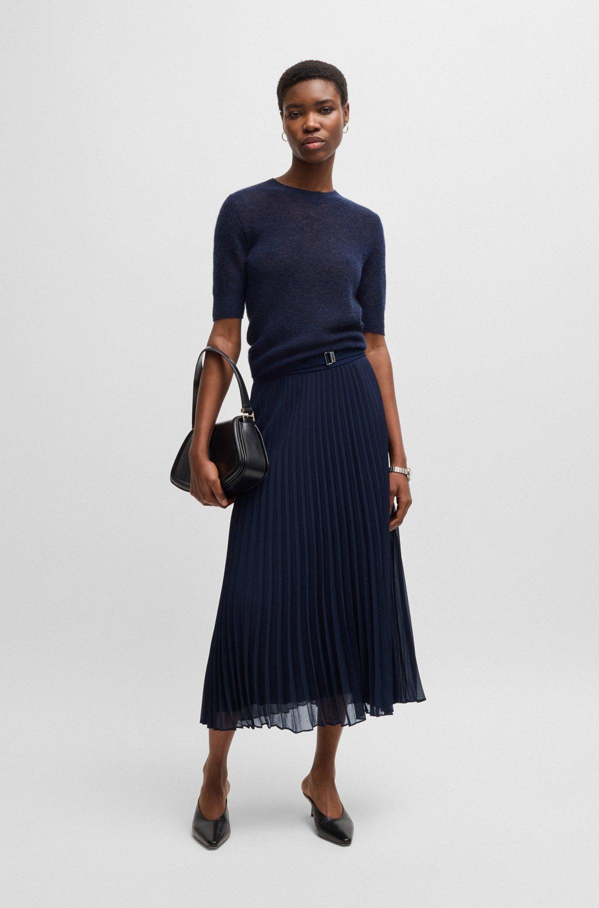 BOSS - Belted skirt in plissé crepe - Dark Blue Product Image
