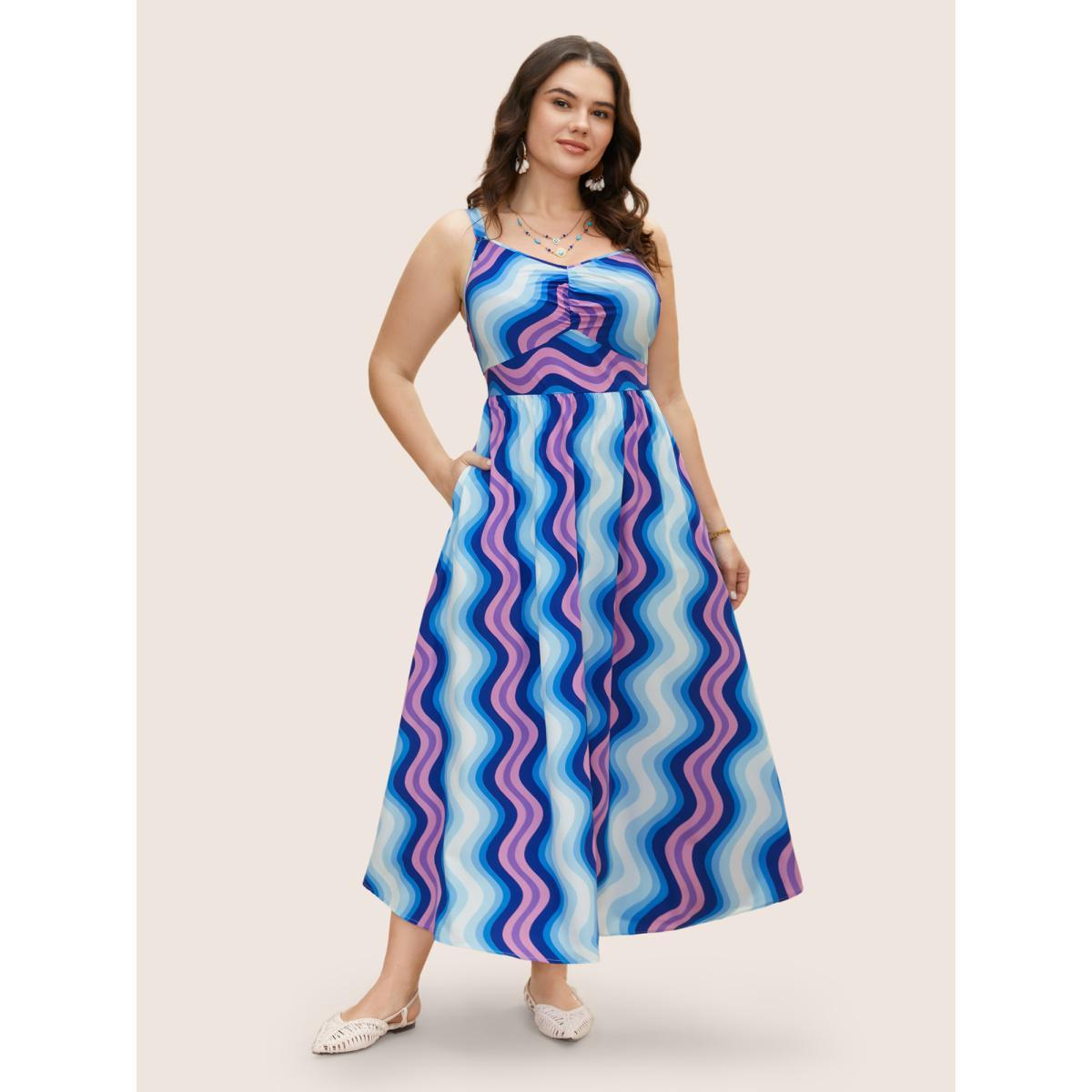 Plus Size Wavy Striped Print Ruched Shirred Dress LightBlue Women Resort Gathered V-neck Sleeveless Curvy BloomChic 28/5X Product Image