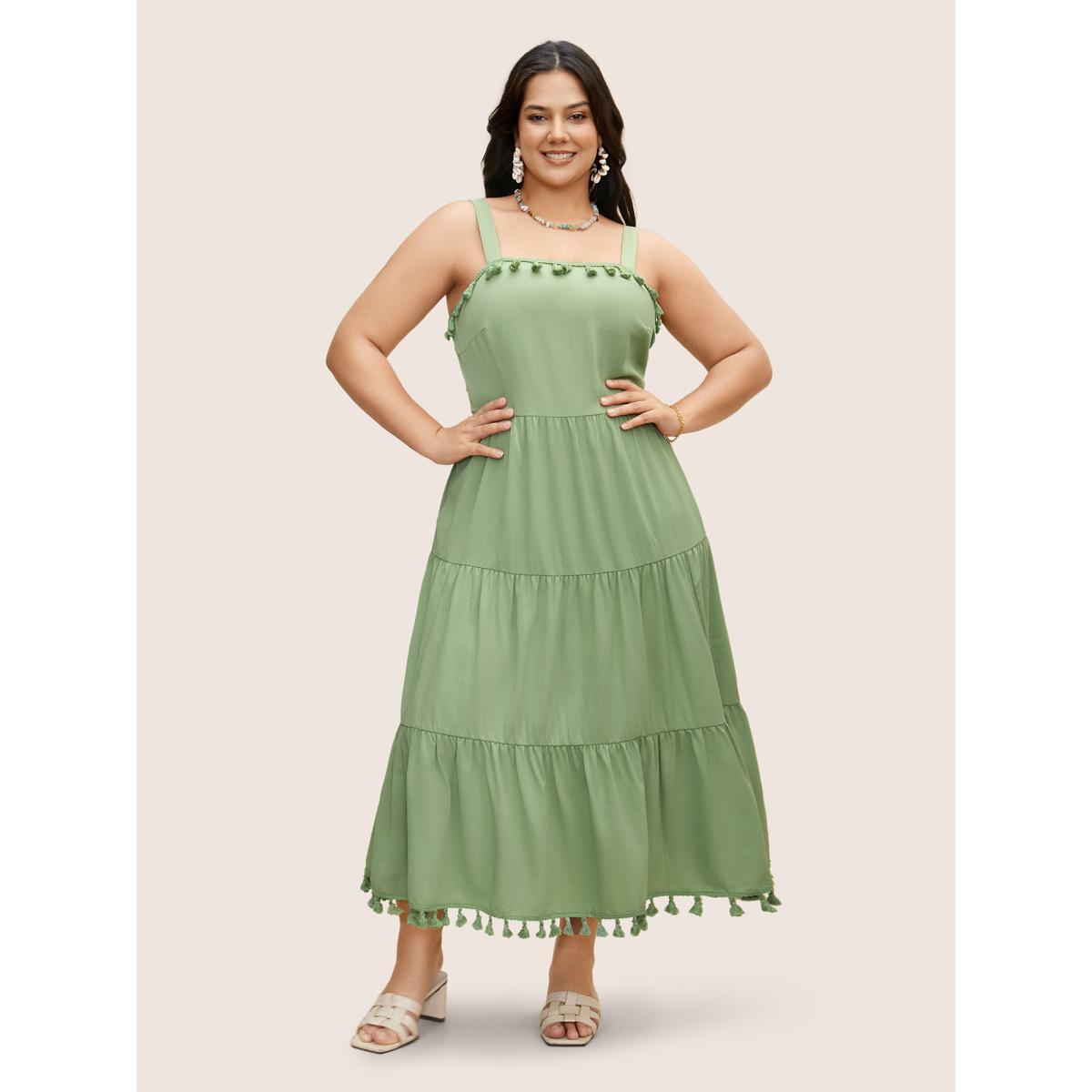 Plus Size Solid Ruffle Layered Hem Tassel Trim Dress Palemauve Women Resort Tassels Non Sleeveless Curvy BloomChic 22-24/3X Product Image