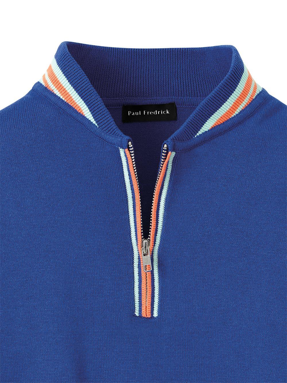 Cotton Quarter Zip Crew Neck Sweater - Blue Product Image