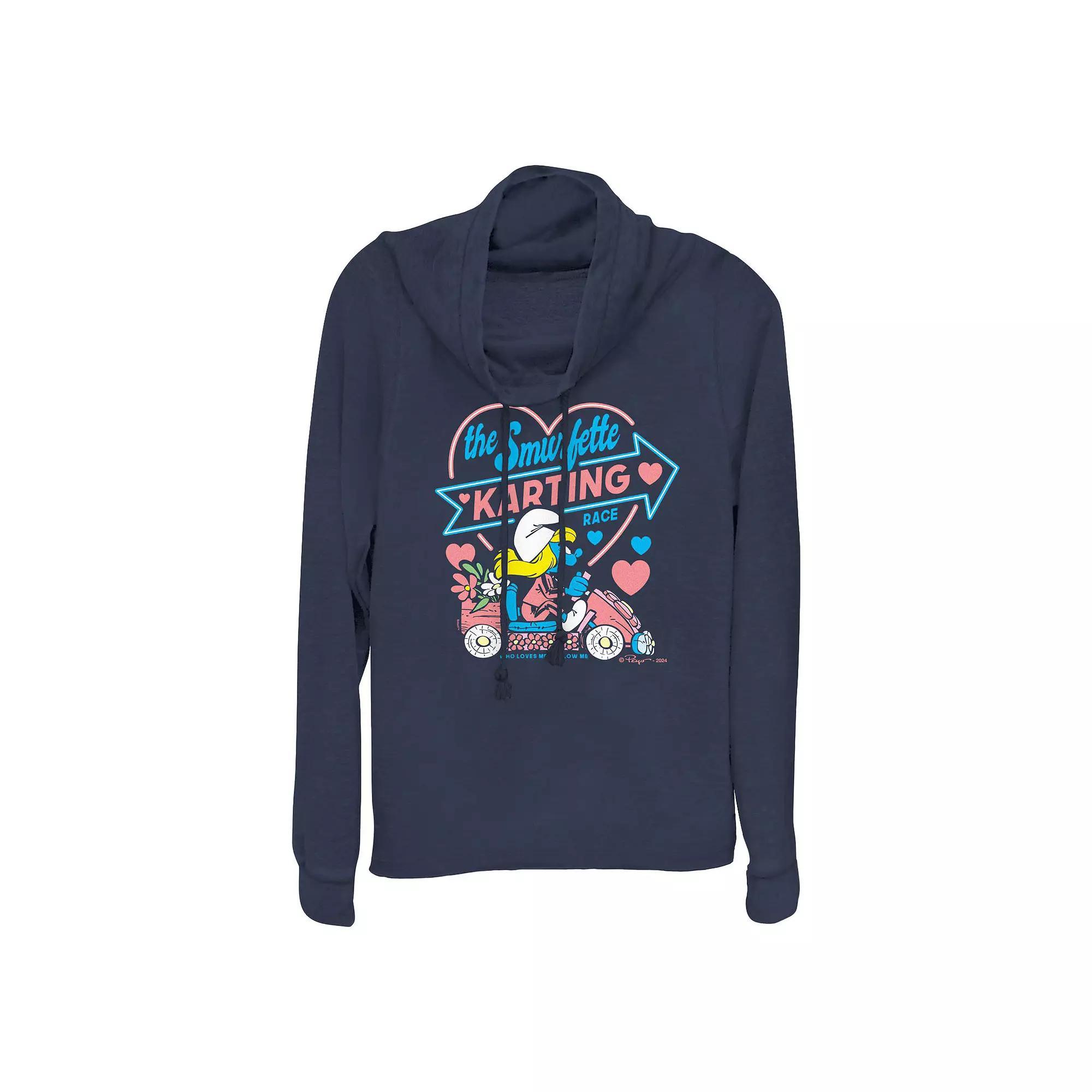 Women's Smurfs The Smurfette Karting Race Cowlneck Graphic Lightweight Long Sleeve, Size: XS, Blue Product Image