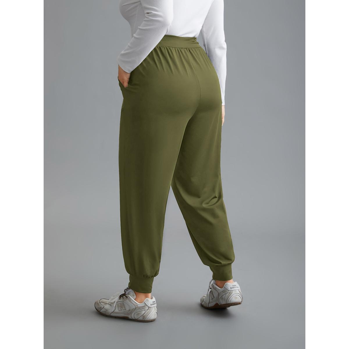 Plus Size Elastic Waist Mid-Rise Yoga Jogger Pants Women ArmyGreen Casual Mid Rise Everyday Pants BloomChic 14-16/1X Product Image