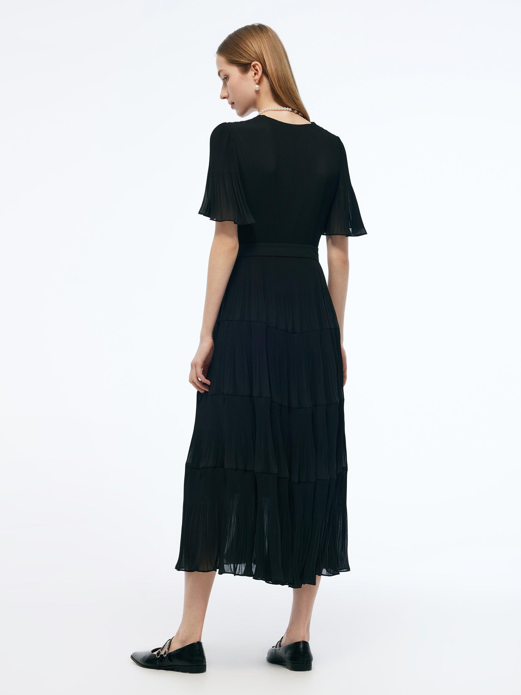 Pleated V-Neck Women A-Line Tie Belt Maxi Dress Product Image
