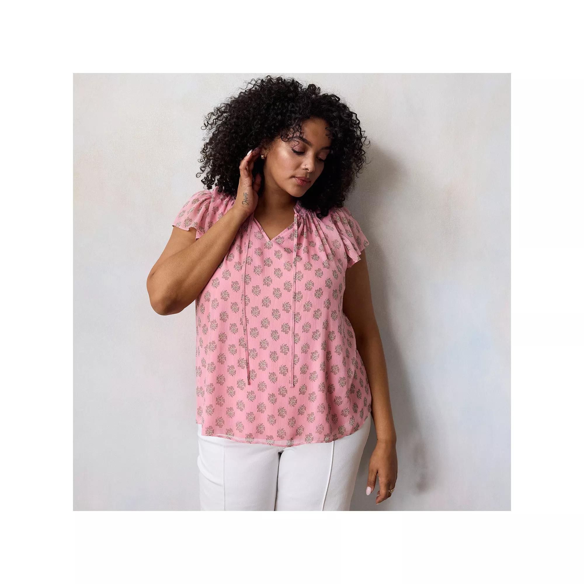 Plus Size LC Lauren Conrad Tie Front Ruffled V-Neck Shell, Women's, Size: 2XL, Pink Ana Flora Product Image