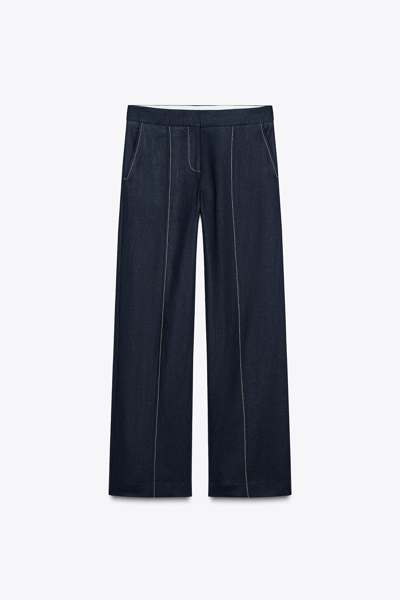 STRAIGHT FIT LINEN PANTS WITH TOPSTITCHING Product Image