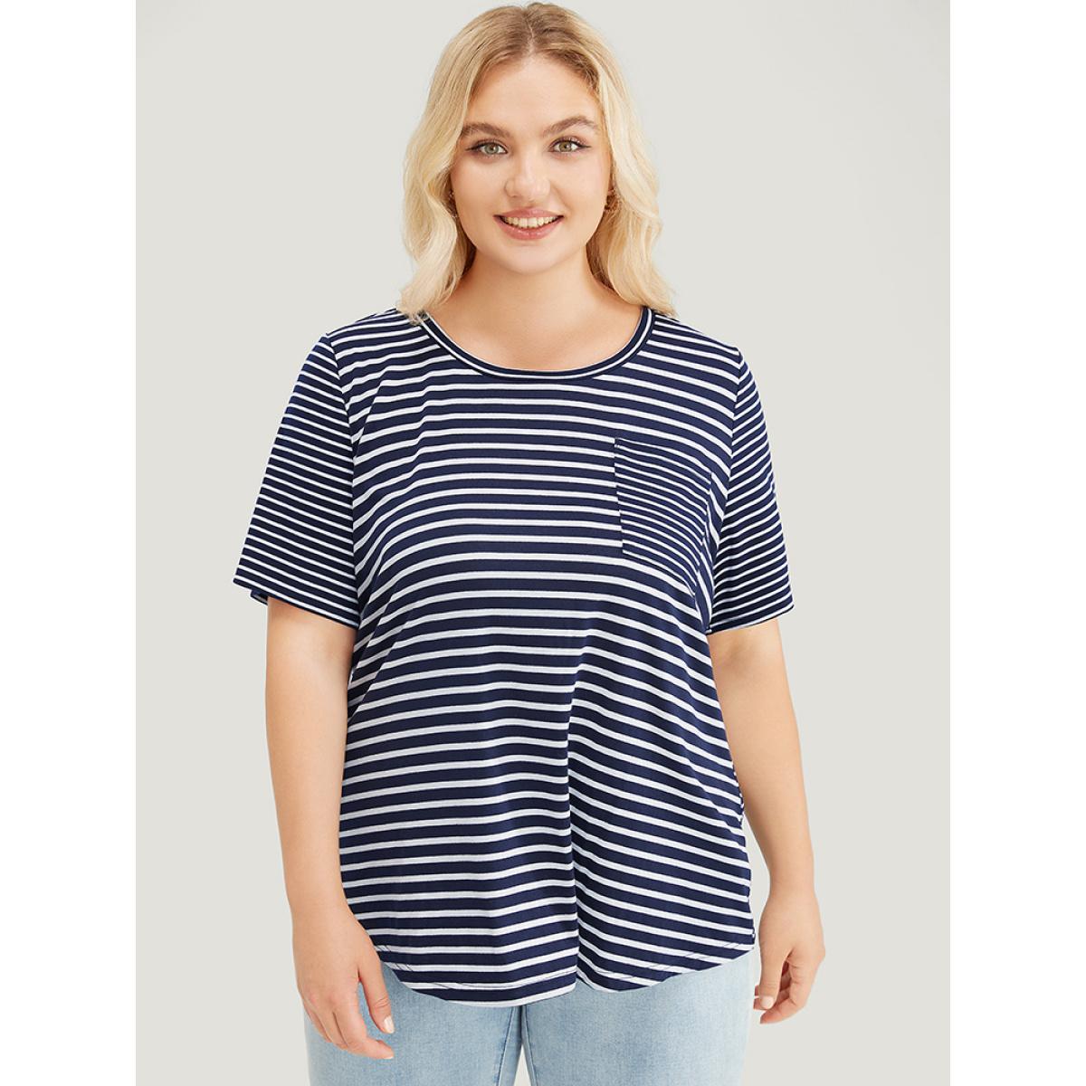 Plus Size Striped Print Crew Neck Pocket T-shirt Navy Women Casual Striped Round Neck Dailywear T-shirts BloomChic 22-24/3X Product Image