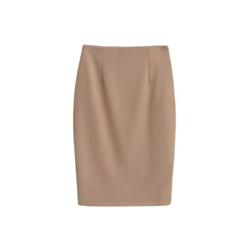 High Waist Plain Midi Pencil Skirt Product Image