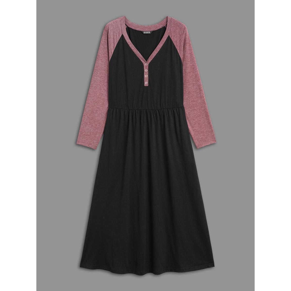 Plus Size V Neck Heather Patchwork Knit Dress Black Women Casual Contrast Knit Dresses Bloomchic 14-16/1X Product Image