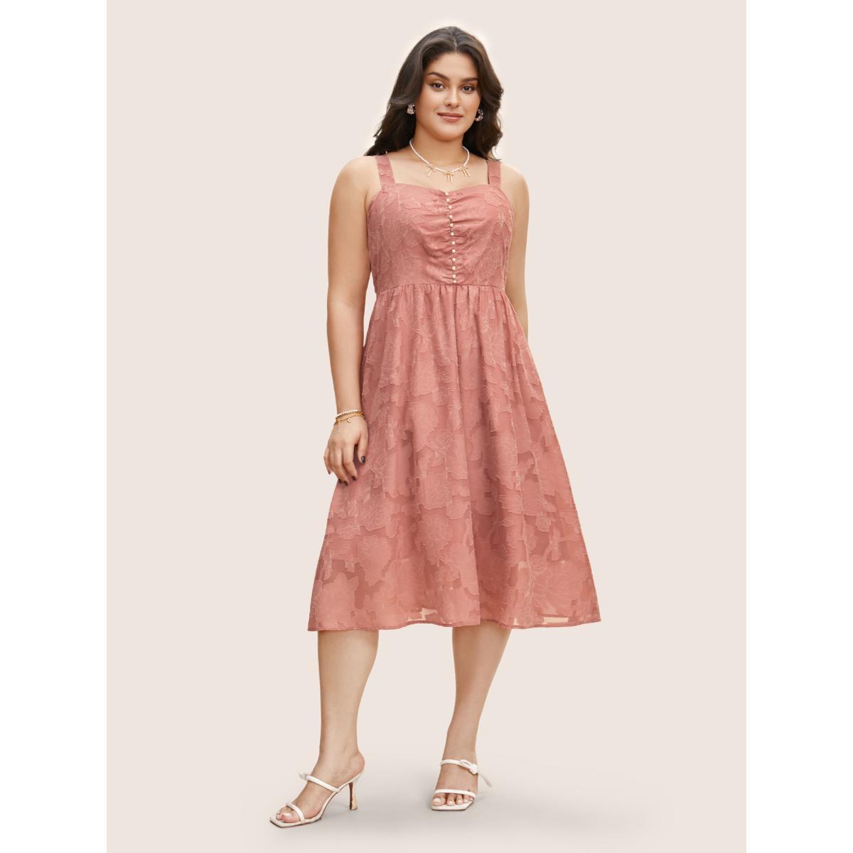Plus Size Textured Mesh Pearl Beaded Ruched Pocket Dress DustyPink Women Elegant Texture Square Neck Sleeveless Curvy BloomChic 12/L Product Image