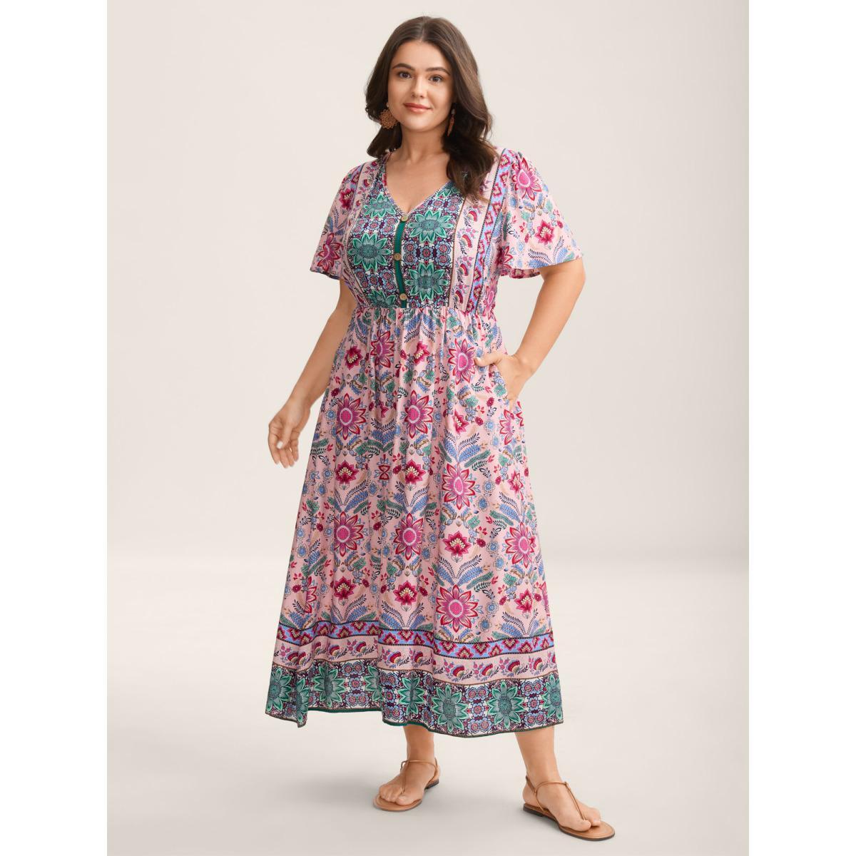 Plus Size Rayon Floral Print A-Line Buttons Midi Dress Crepe Women V-neck Short sleeve Curvy BloomChic 22-24/3X Product Image