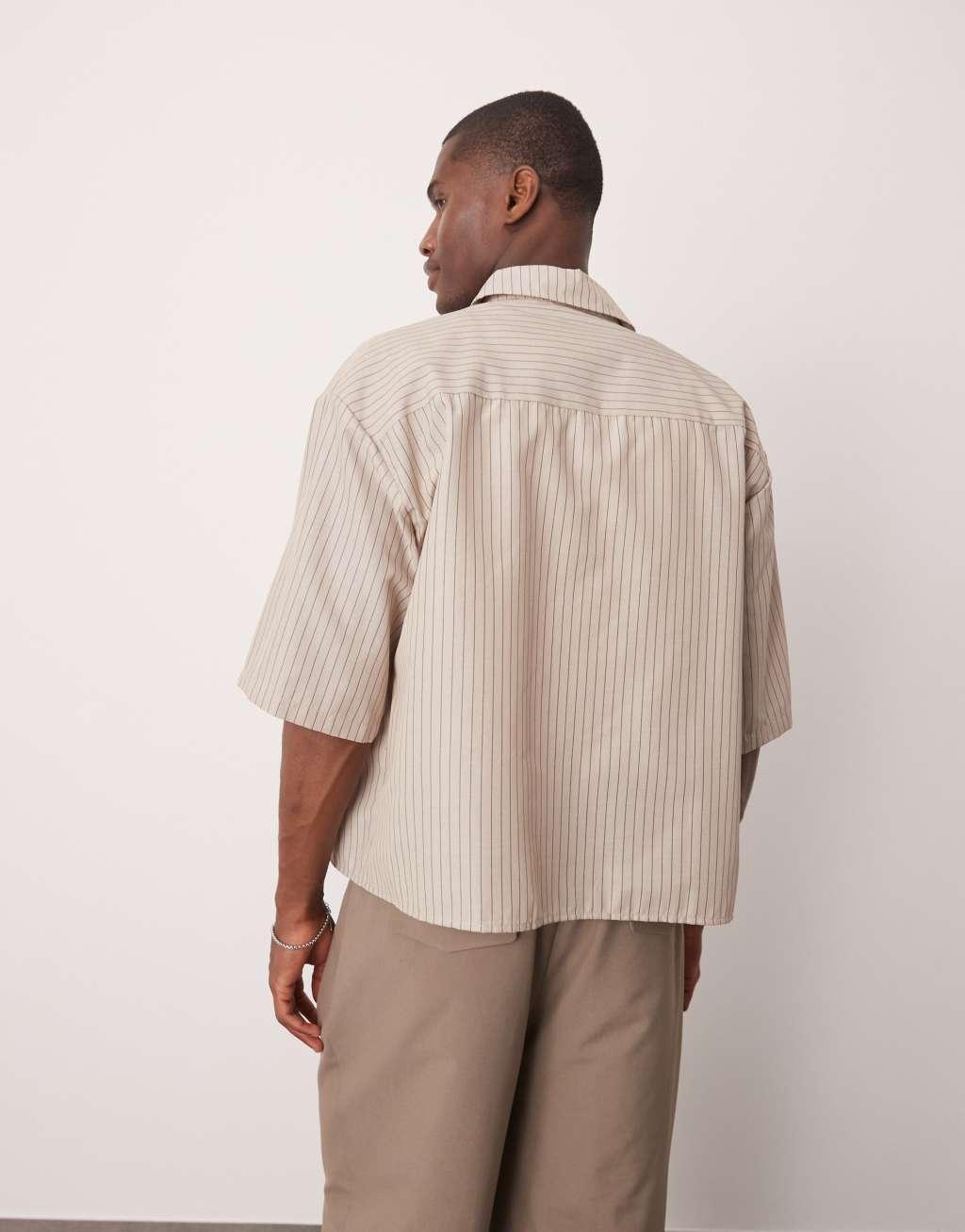 ASOS DESIGN 90s oversized boxy shirt in beige stripe Product Image