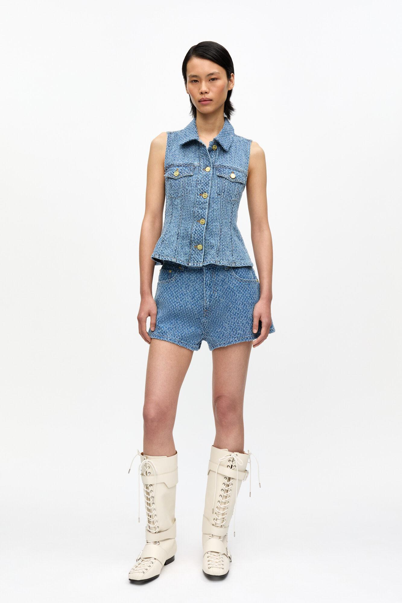 Blue Textured Denim Top Product Image