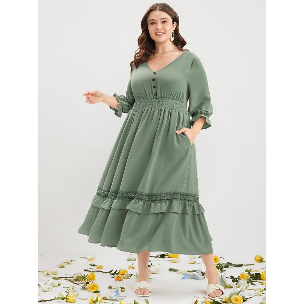Plus Size Plain Lantern Sleeve Button Detail Pocket Shirred Ruffle Hem Dress Mint Women Elegant Patchwork V-neck Elbow-length sleeve Curvy Midi Dress BloomChic 10/M Product Image