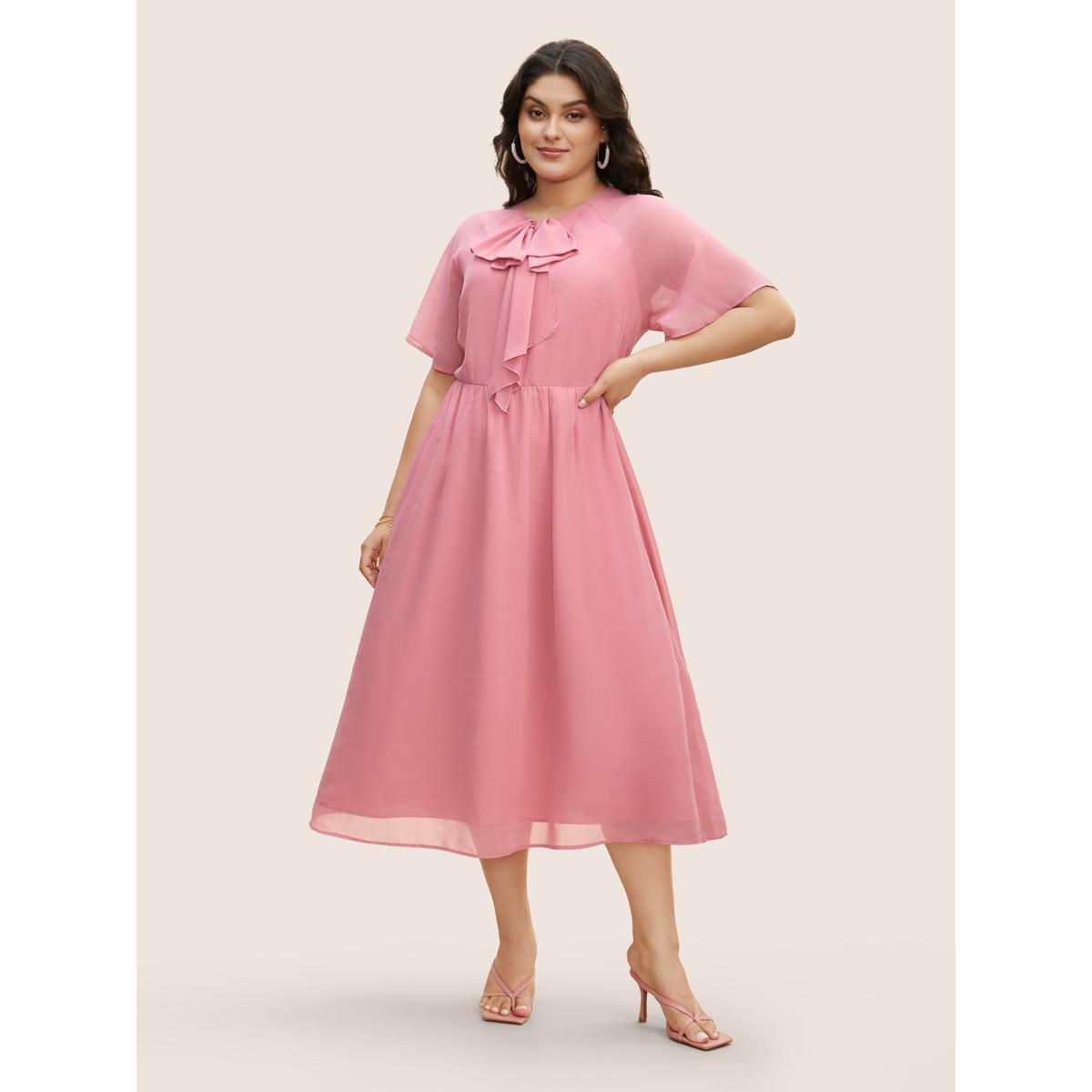 Plus Size Bowknot Detail Chiffon Patchwork Midi Dress Watermelon Women Elegant Round Neck Short sleeve Curvy BloomChic 28/5X Product Image