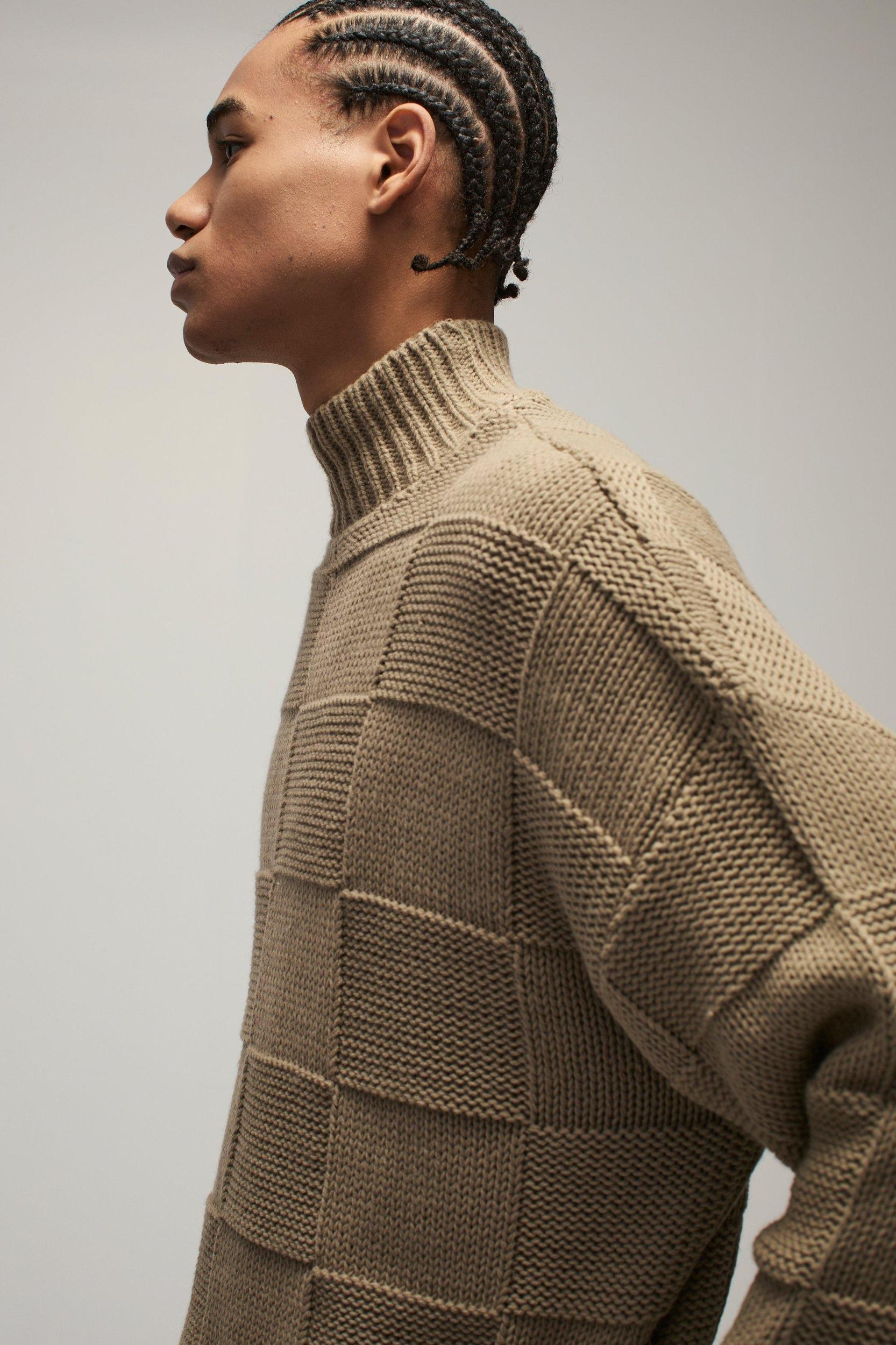 Oversized Funnel Neck Checkerboard Knitted Sweater | boohooMAN USA Product Image