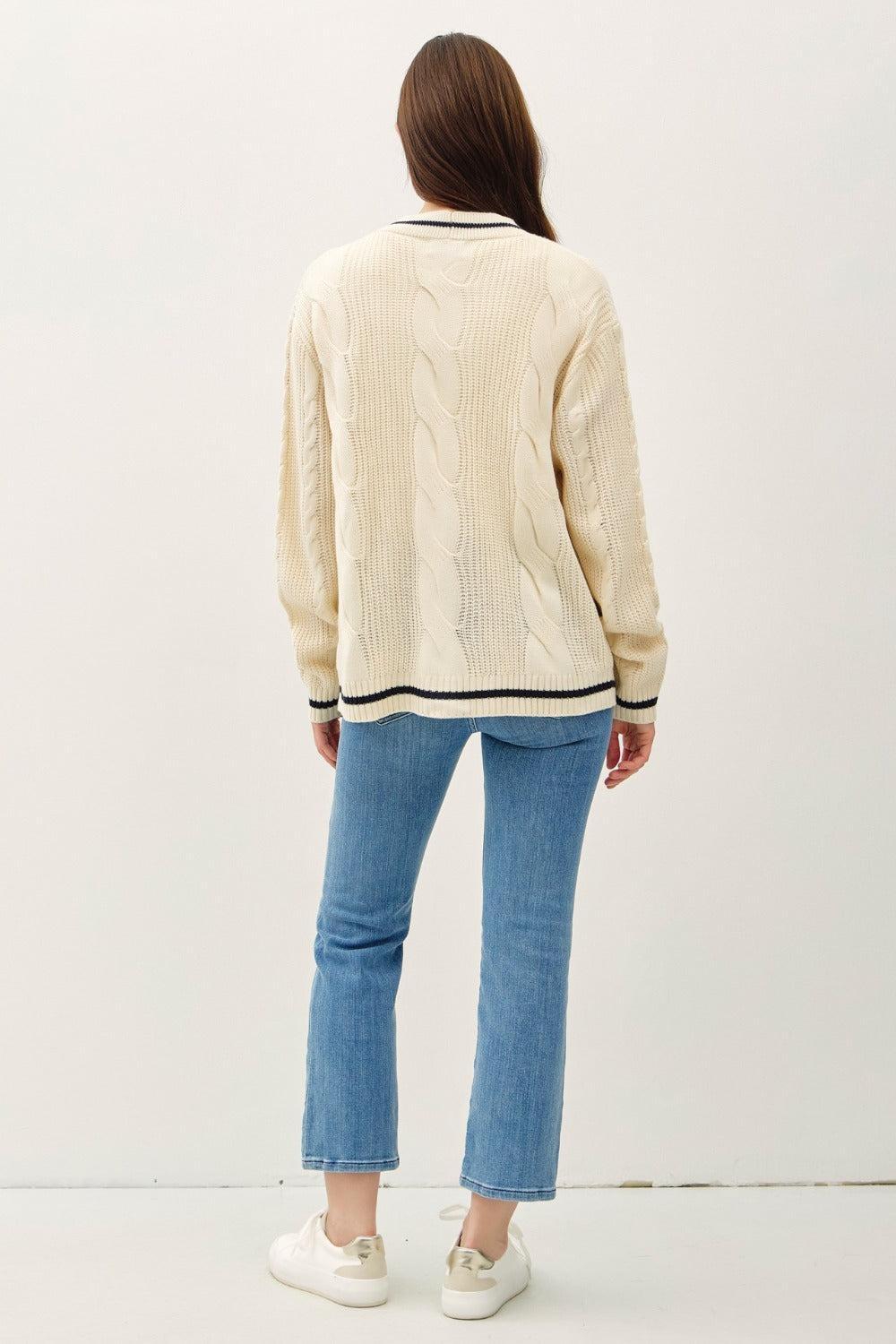 Be Cool Contrast Trim Cable-Knit V-Neck Cardigan Product Image