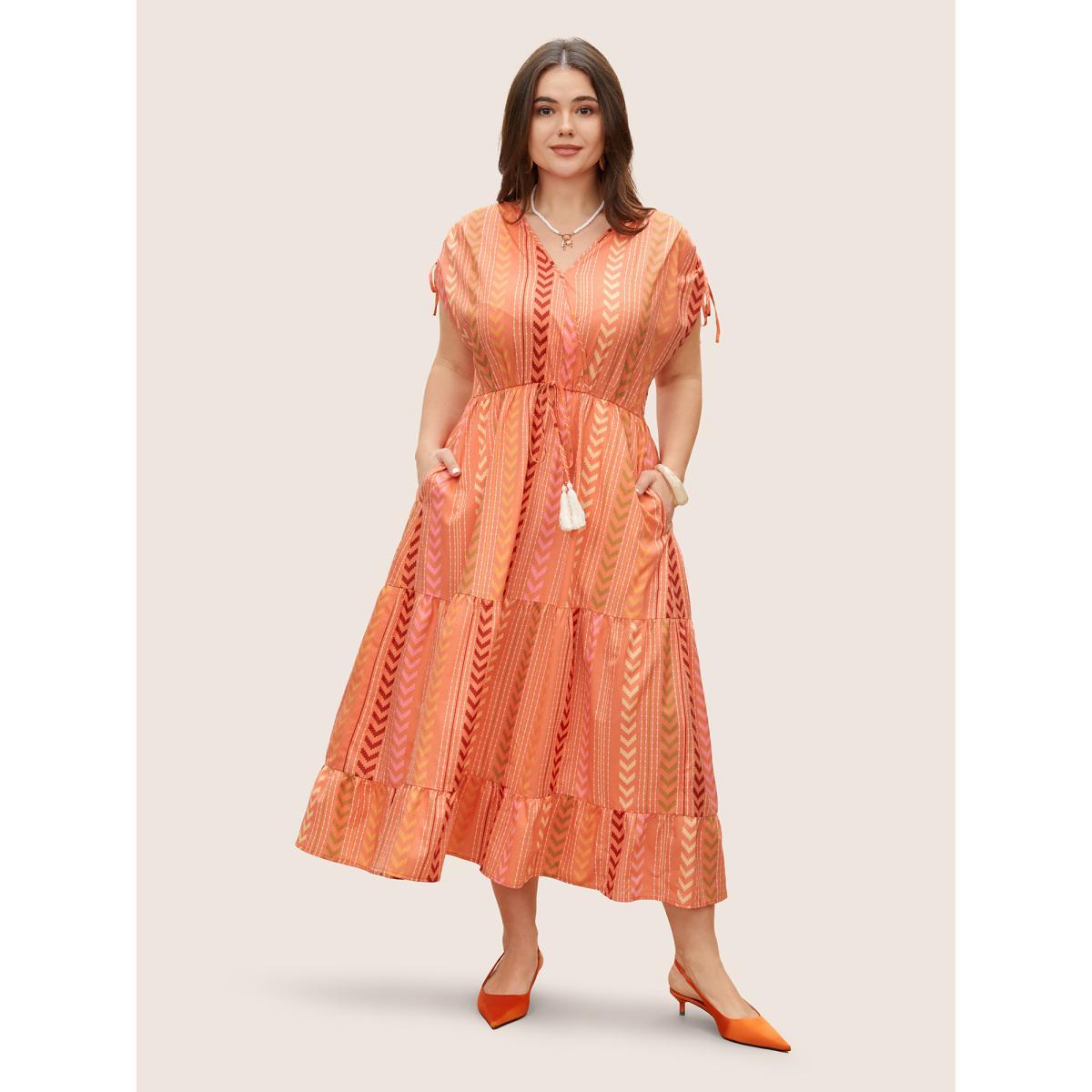 Plus Size Boho Print Wrap Tie Drawstring Dress Coral Women Resort Overlapping V-neck Sleeveless Curvy BloomChic 26/4X Product Image