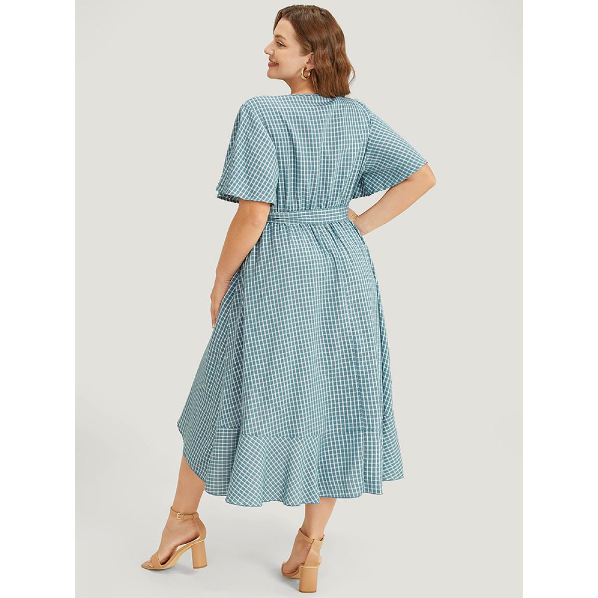 Plus Size Gingham Pocket Belted Ruffle Trim Surplice Neck Dress Cerulean Women Office Wrap V-neck Short sleeve Curvy Midi Dress BloomChic 18-20/2X Product Image