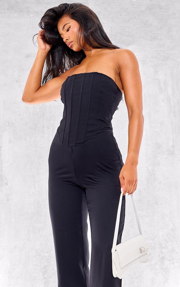 Black Woven Corset Detail Straight Leg Jumpsuit Product Image