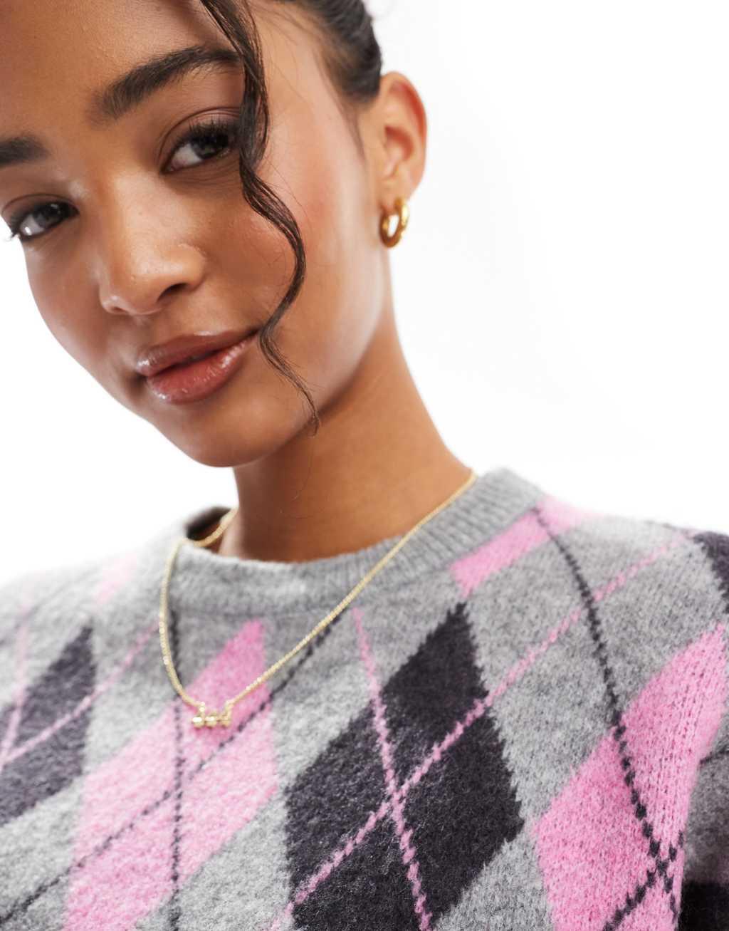 Bershka argyle round neck sweater in gray & pink Product Image