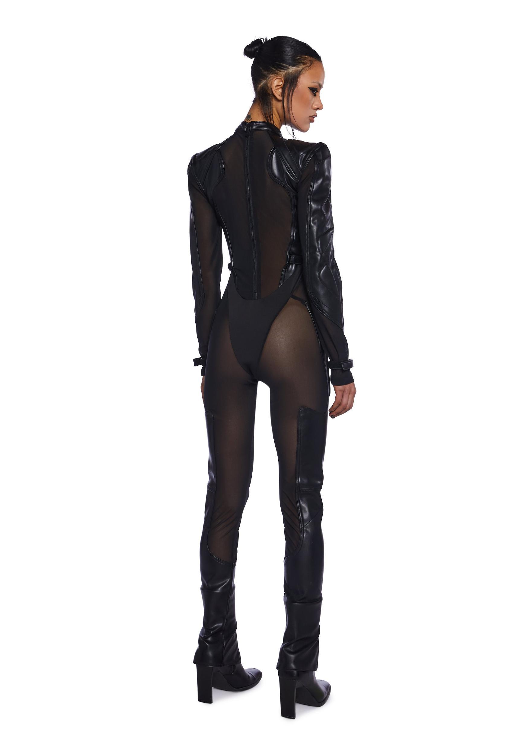 Namilia Vegan Leather Sheer Mesh Moto Full Bodysuit - Black Product Image