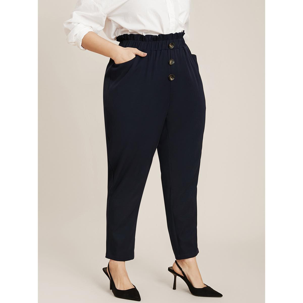 Plus Size Solid Paperbag Waist Button Detail Pocket Pants Women Indigo Casual Mid Rise Dailywear Pants BloomChic 14-16/1X Product Image