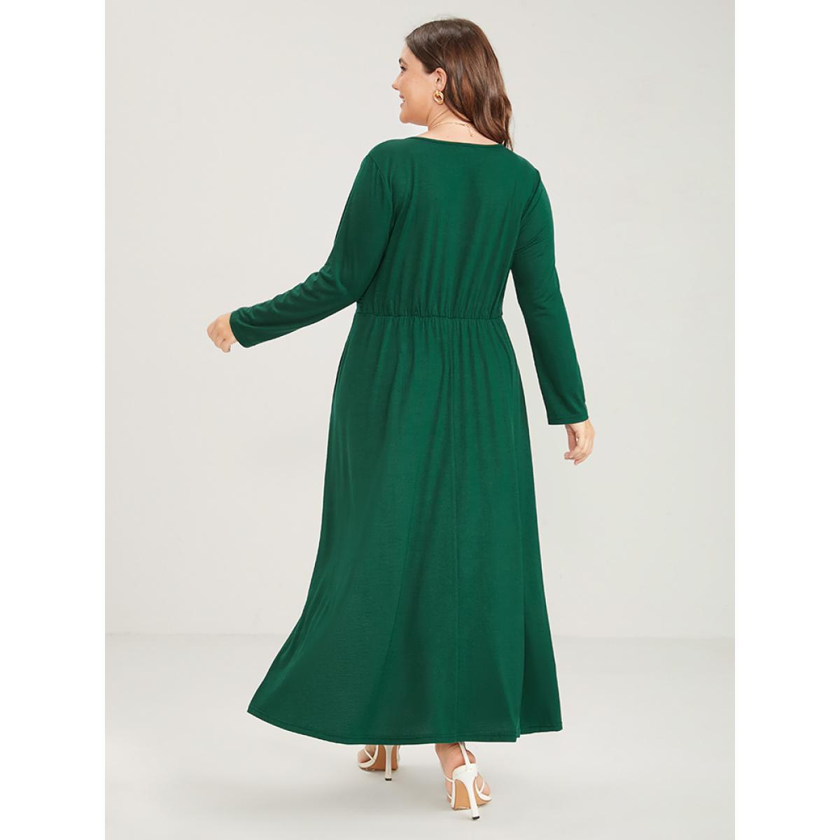 Plus Size Solid Deep V Neck Gathered Pocket Split Maxi Dress Green Women Elegant Pocket Deep V-neck Long Sleeve Curvy Long Dress BloomChic 10/M Product Image