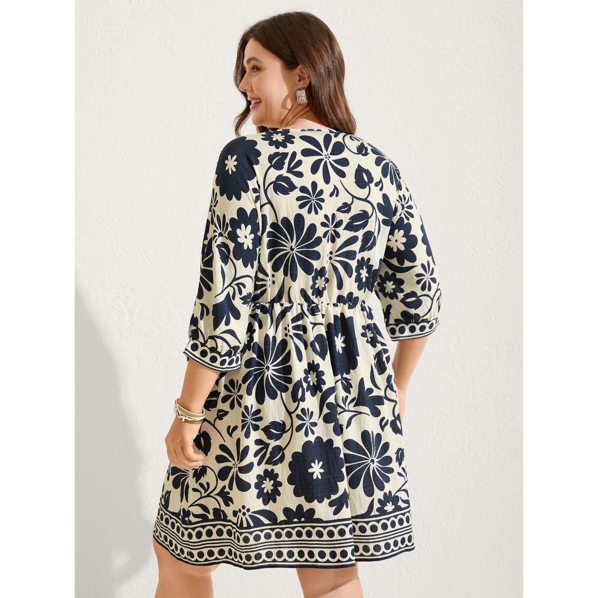 Plus Size Floral Waist-Drawstring Tassel Midi Dress Navy Women V-neck Elbow-length sleeve Curvy BloomChic 26/4X Product Image