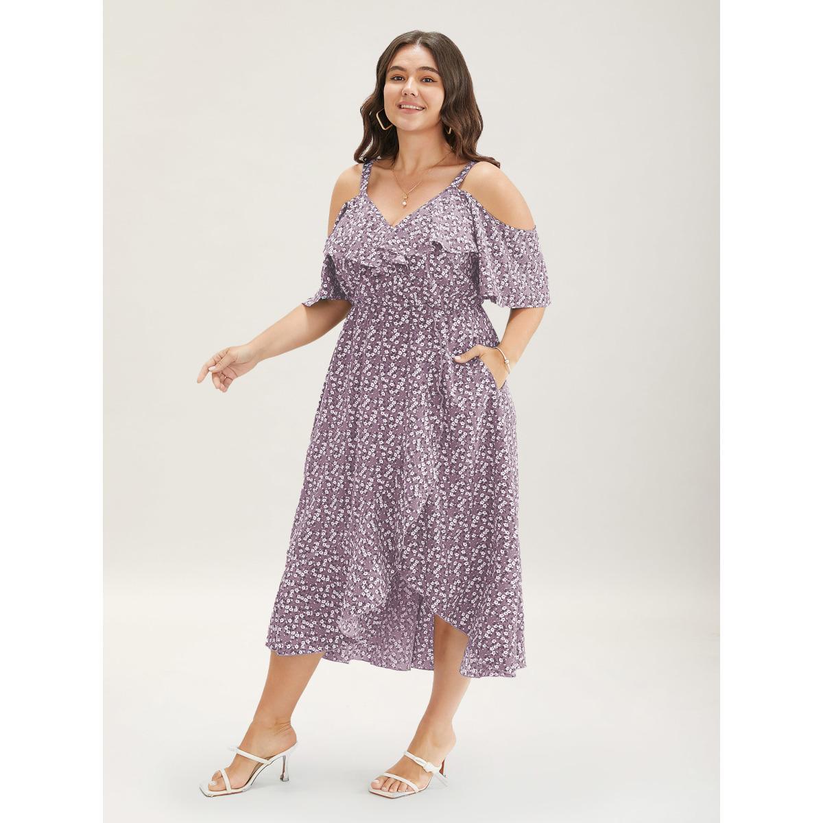 Plus Size Ditsy Floral Pocket Wrap Cold Shoulder Ruffle Dress Mauve Women Elegant Non Overlap Collar Short sleeve Curvy Midi Dress BloomChic 18-20/2X Product Image
