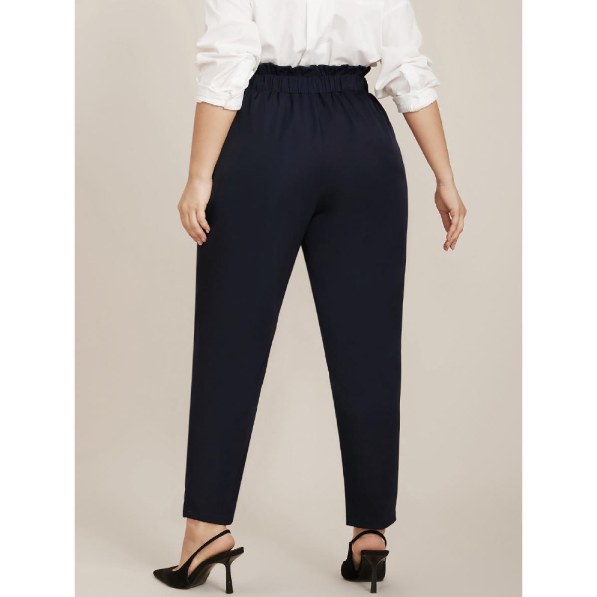 Plus Size Solid Paperbag Waist Button Detail Pocket Pants Women Indigo Casual Mid Rise Dailywear Pants BloomChic 14-16/1X Product Image