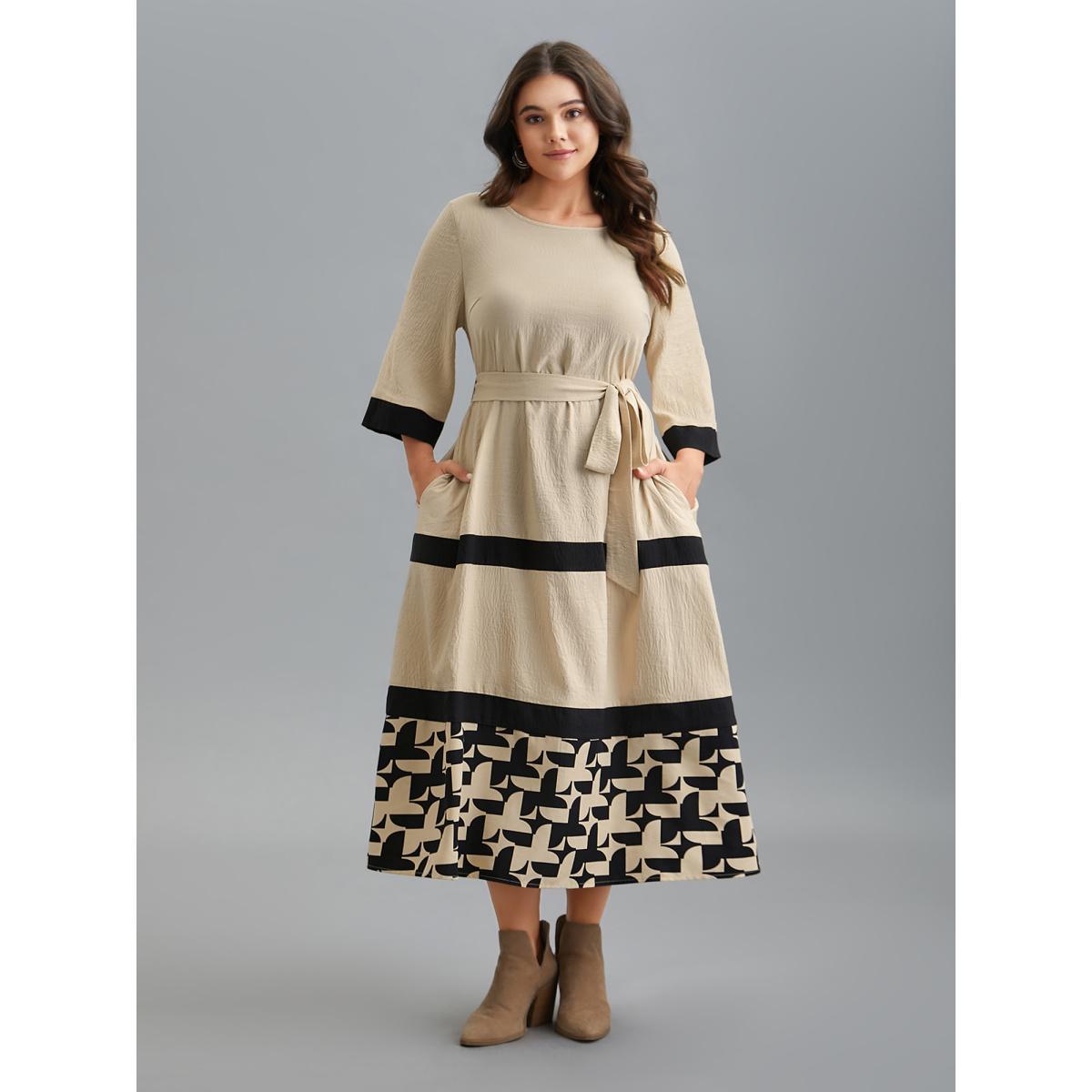 Plus Size Color-Block Belted Pockets Midi Dress Apricot Women Casual Texture Round Neck Elbow-length sleeve Curvy BloomChic 18-20/2X Product Image