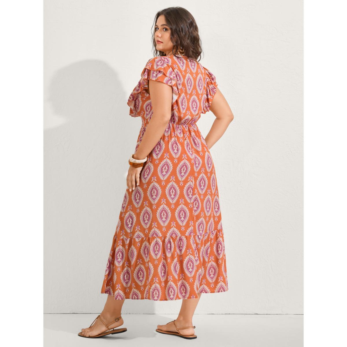 Plus Size Rayon Boho Print Pocket Midi Dress Coral Women V-neck Cap Sleeve Curvy BloomChic 18-20/2X Product Image