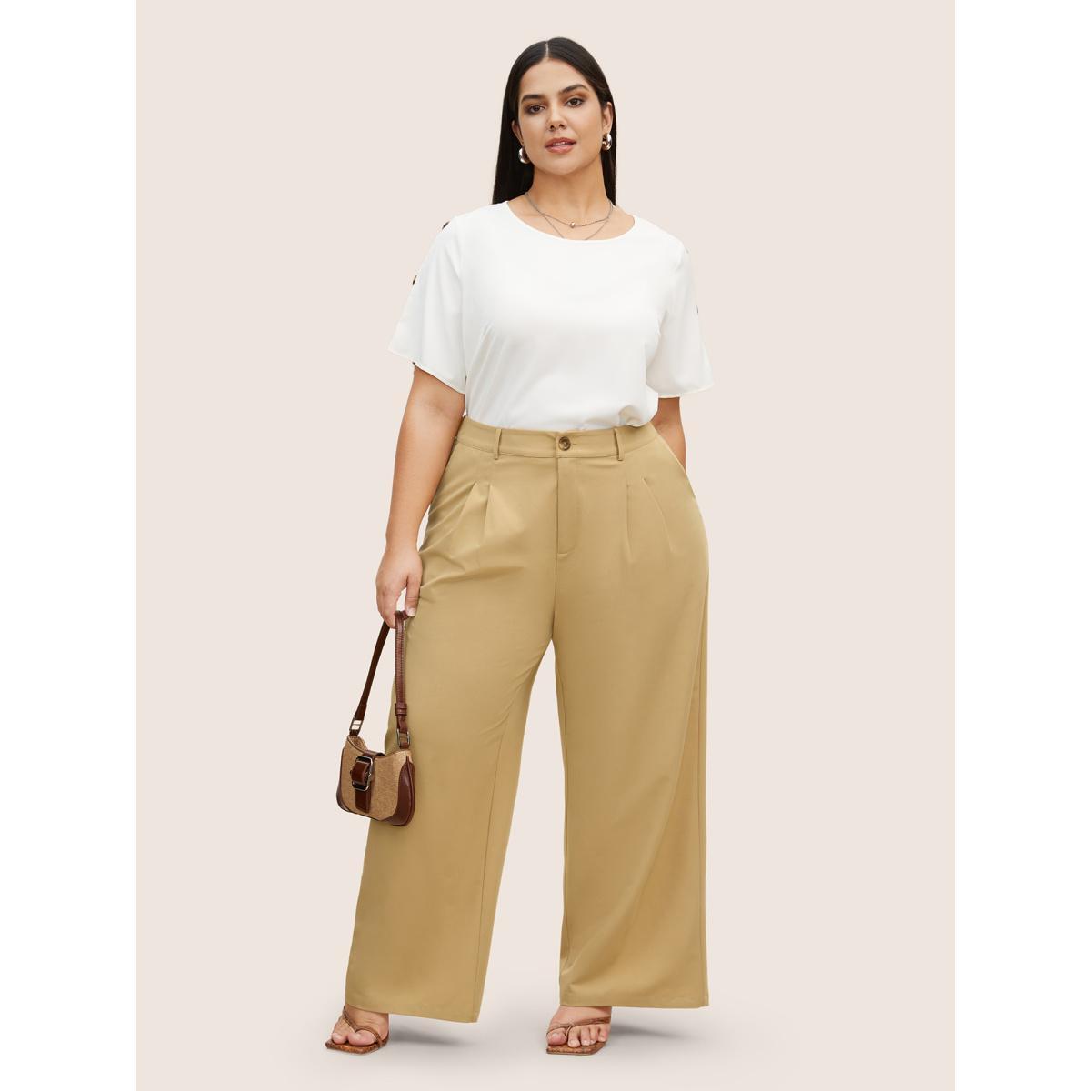 Plus Size Solid Pleated Slanted Pocket Wide Leg Pants Women Champagne At the Office Wide Leg High Rise Work Pants BloomChic 10/M Product Image